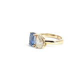 14k Yellow Gold 2.68ct Blue Sapphire Cushion Certified By Gia# 5201580967/ 1.01ct H SI2 Pear Shape Diamond  Certified By GIA# 2211892445 Toi et Moi Ring